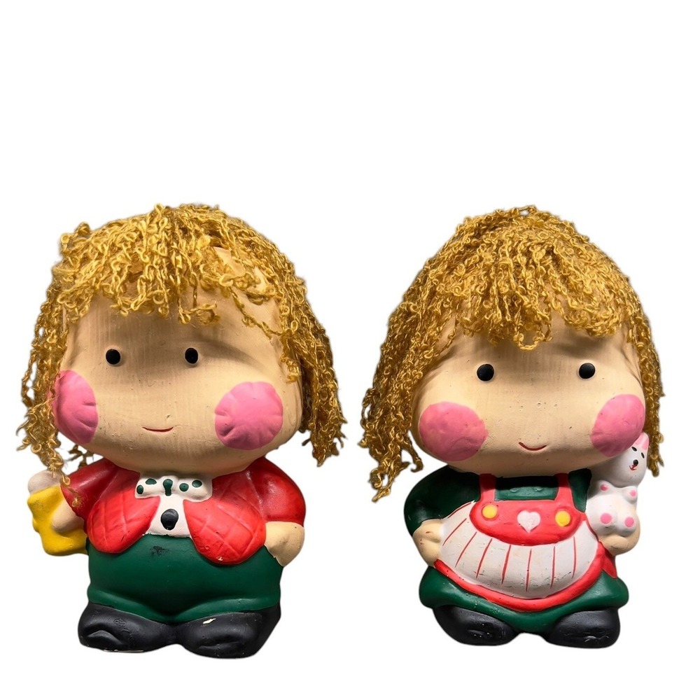 Vintage Enesco Boy Girl Coin Banks 1982 Yarn Hair Ceramic Nursery Country Decor